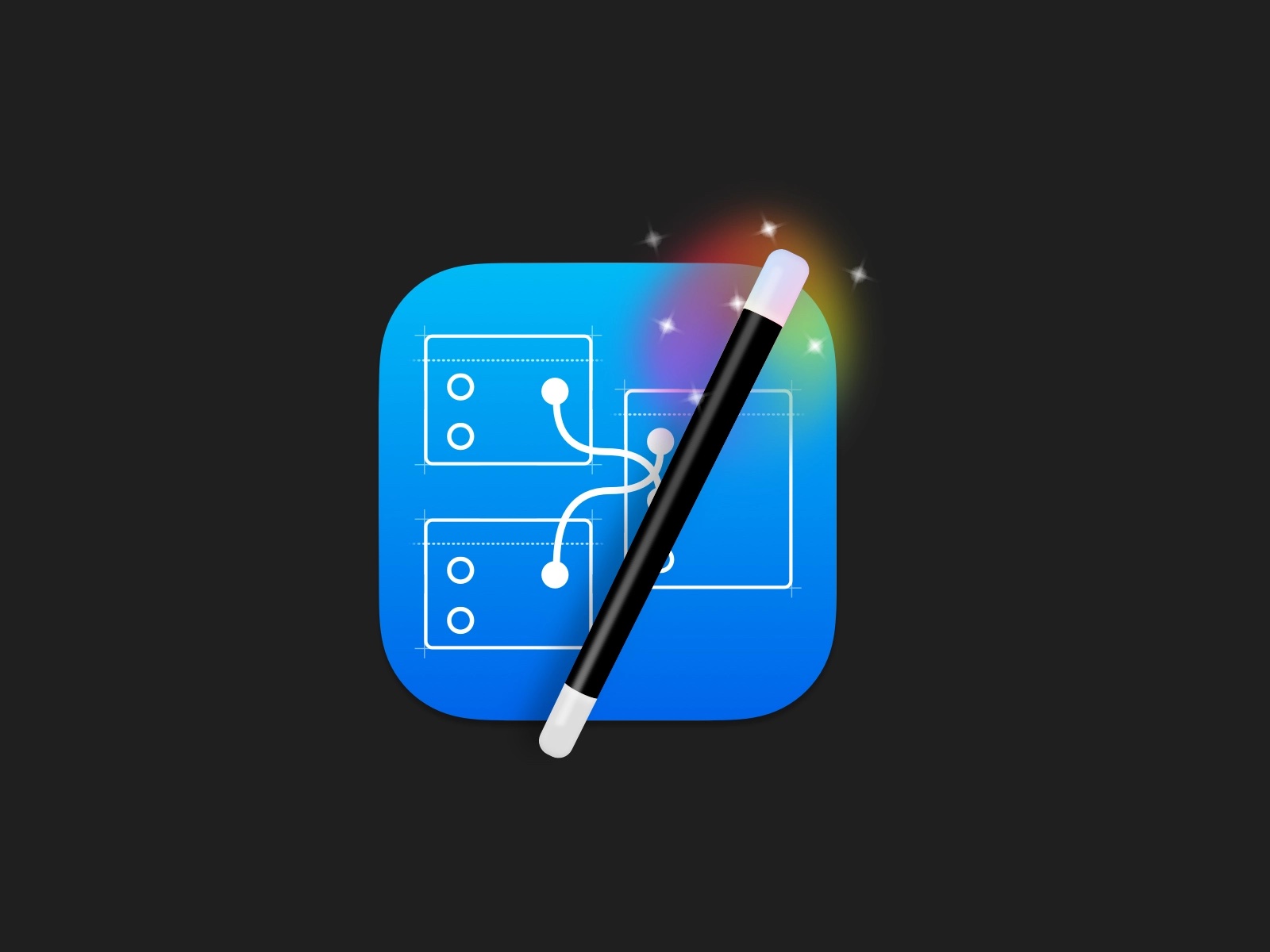 The Quartz Composer icon redesigned as a Big Sur icon. A rounded rectangle blueprint with nodes and connector lines drawn on. A magic wand with a rainbow aura and sparkles are in front of it.